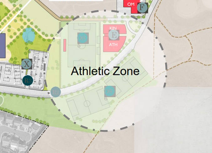 Blueprint of top-down view of athletic fields encircled to show expected project boundaries