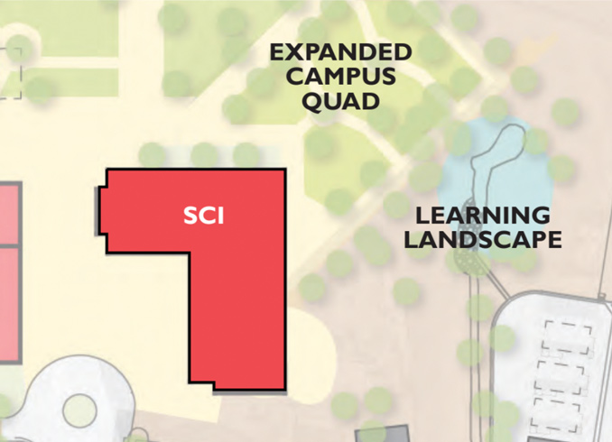 Blueprint of top-down view of future STEM building near the heart of MVC main campus