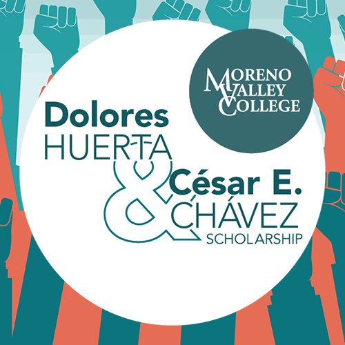 Dolores Huerta and Cesar Chavez Scholarship Breakfast headline over abstract CMYK colors