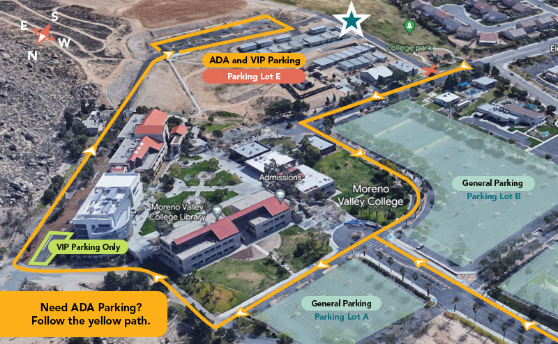 Accessible Parking is available in Parking Lot E, which must be accessed via Mechanical Drive on the west side of campus. General Parking is available at the front of campus. The Commencement staging area is at College Park.