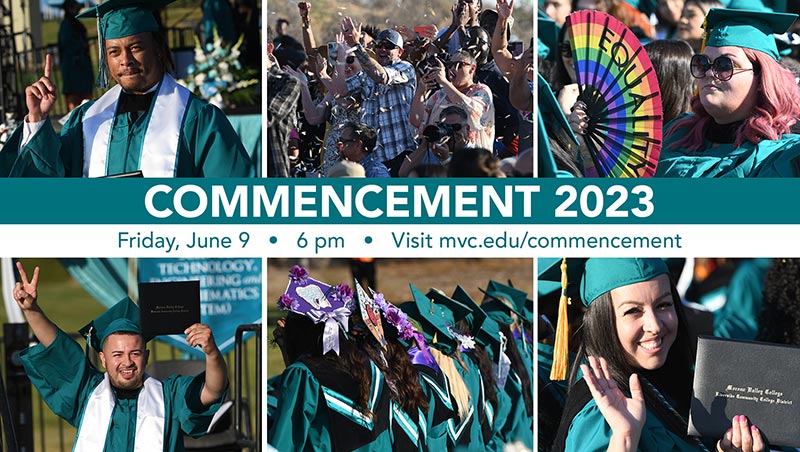 Six photos of Commencement graduates arranged in a grid next to a Commencement 2023 headline; click to watch or listen to the live stream.