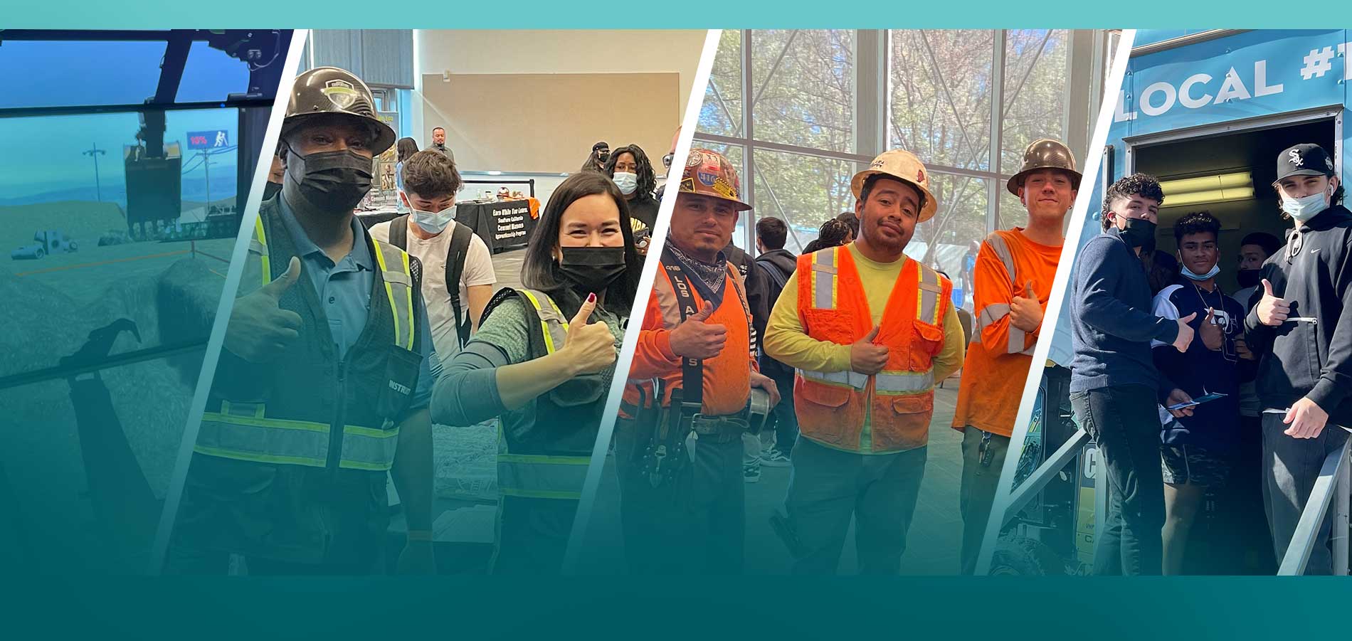A variety of workers and apprentices stand with their thumbs up in support of apprenticeship programs