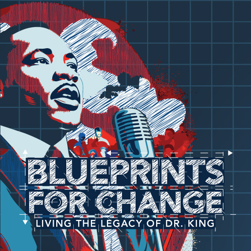 Silhouette graphic of MLK behind microphones