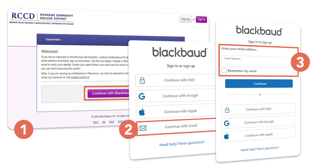 Screenshot of scholarship system login page, from landing to the screen where students should select login by email and use their student email.