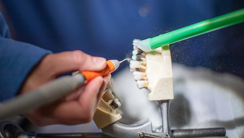 A dental hygiene student practices descaling