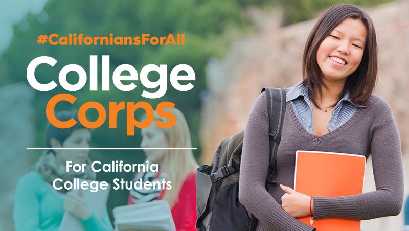 Stock photo of a student holding folders next to the College Corps program logo