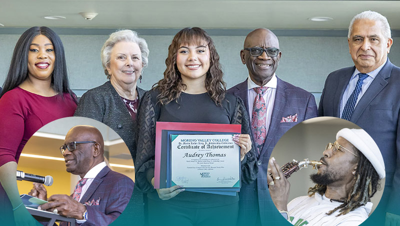 High school scholarship recipient Audrey Thomas holds her certificate and stands with dignitaries