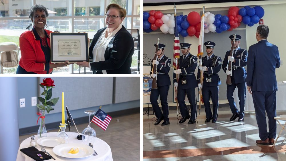 Collage of photos featuring keynote speaker Keri Then, Interim President FeRita Carter, Congressman Mark Takano, and the March Air Reserve Base Honor Guard.