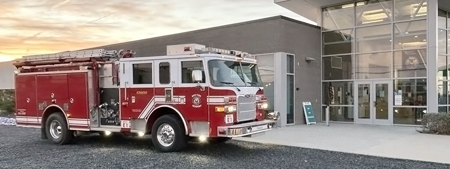 View of donated fire engine in front of School of Public Safety building