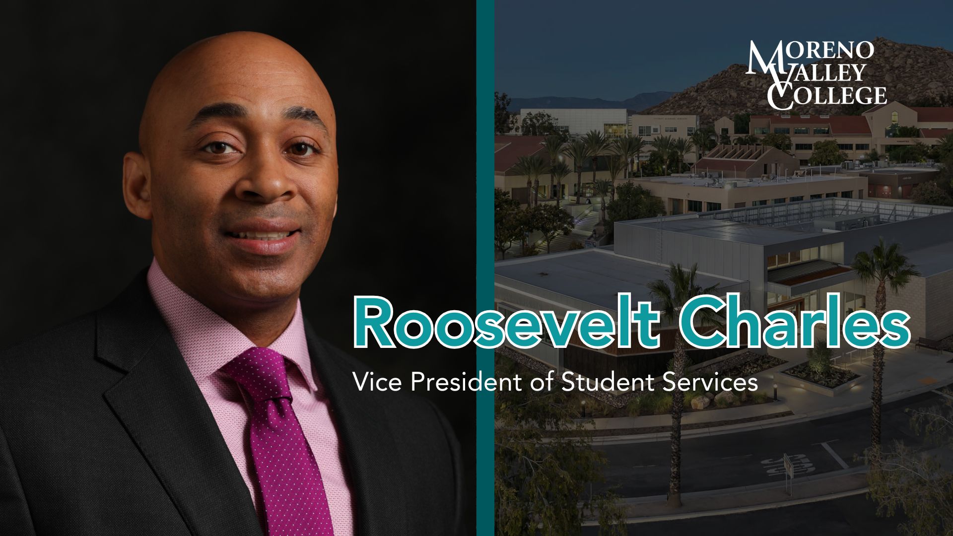 Portrait of Roosevelt Charles next to aerial photo of the college looking over the Welcome Center