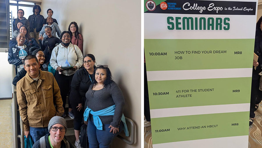 MVC students gather for a group photo next to a schedule of seminars from the event