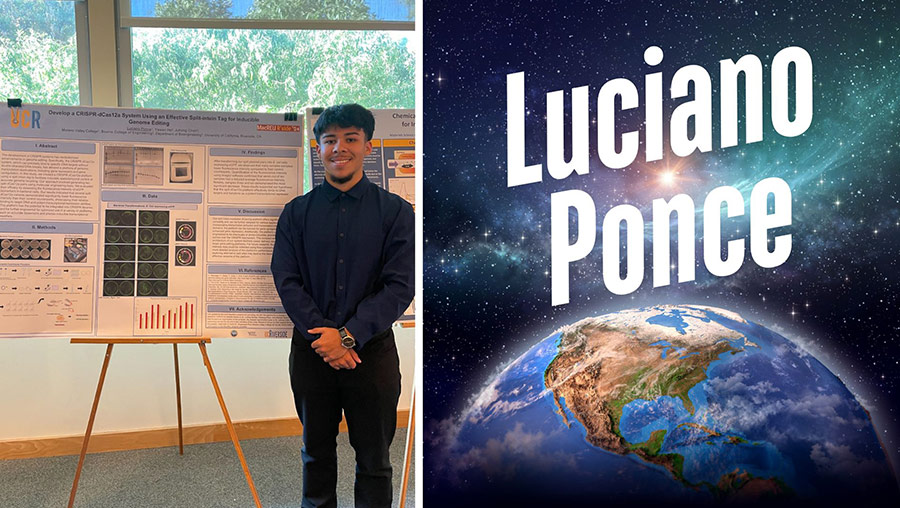 Student Luciano Ponce stands next to a research poster