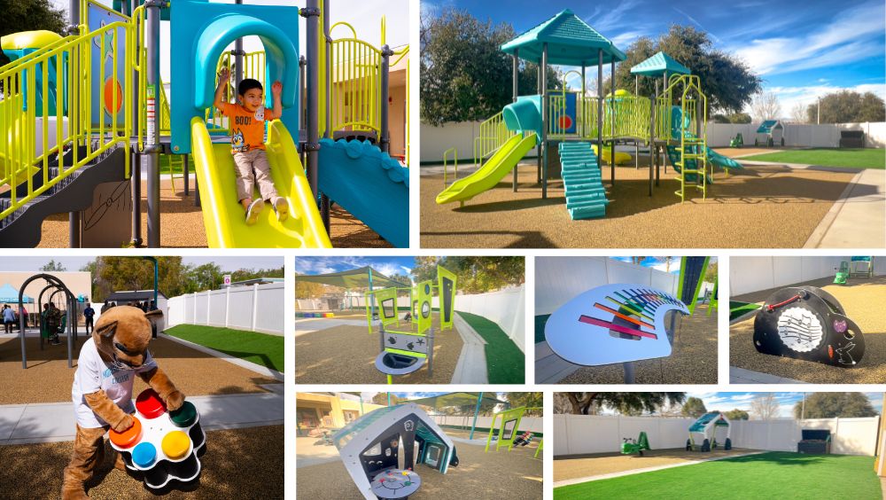 A collage of photos of the new playground