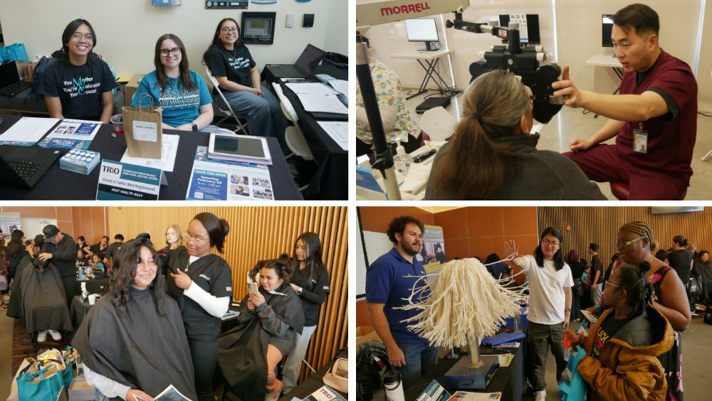 Groups of students enjoy TRIO day by handing out information, getting eye exams, haircuts, or looking at physics displays