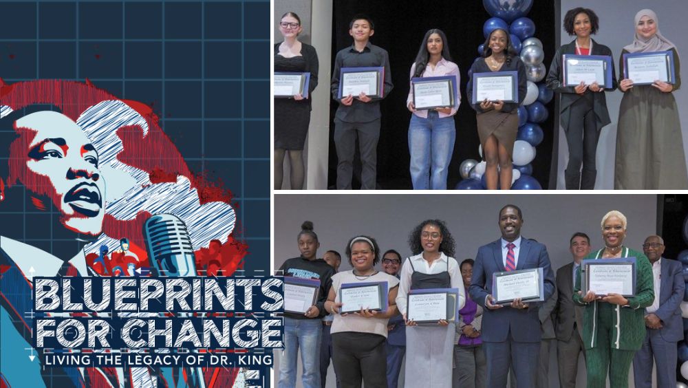 Event theme next to photos of scholarship recipients holding certificates, 11 total