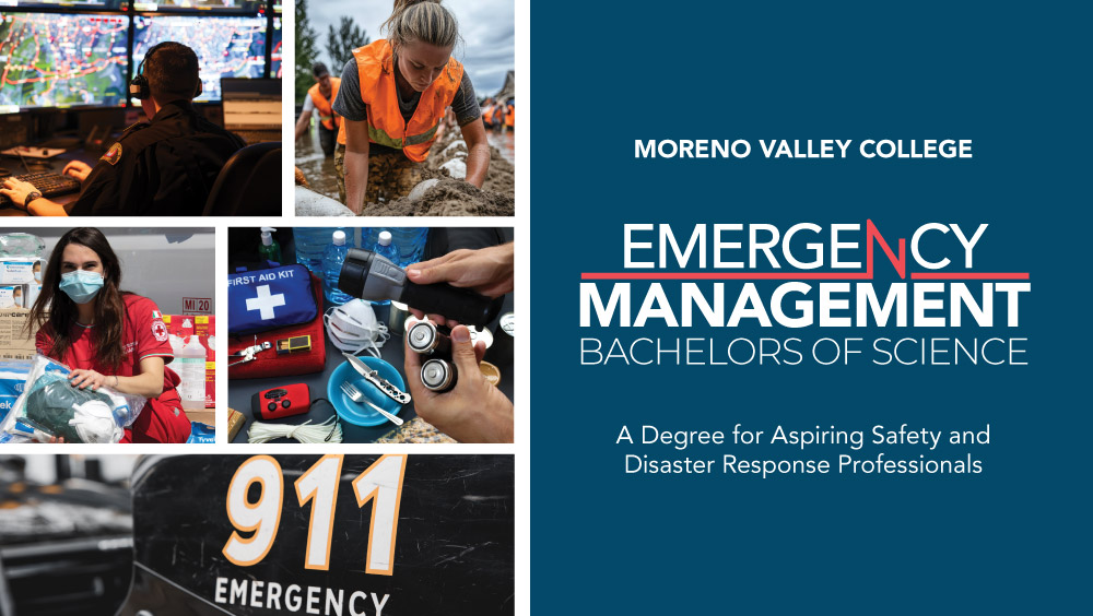 Collage of emergency management-related photos next to program title text