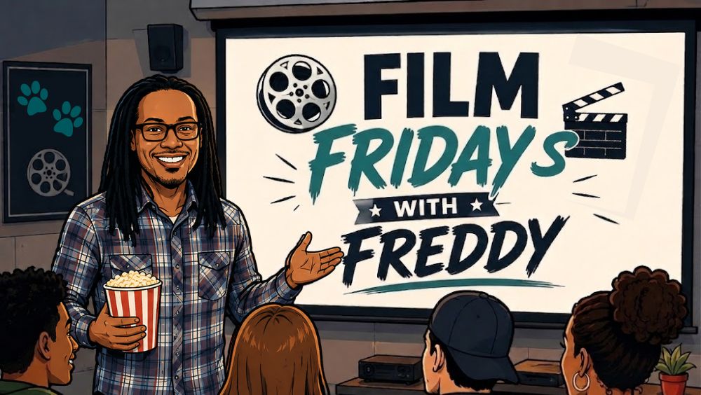 Cartoon illustration of Frederick Jones standing in front of a projector screen with Film Fridays with Freddy typed on it