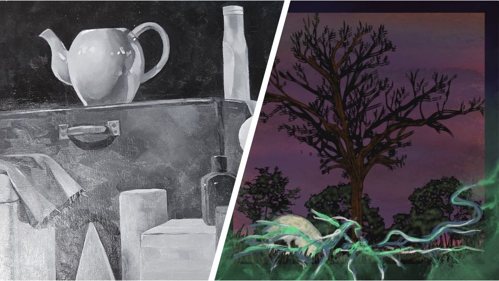 Two pieces of artwork from participating Veteran students, including a still life on the left and an atmospheric landscape on the right