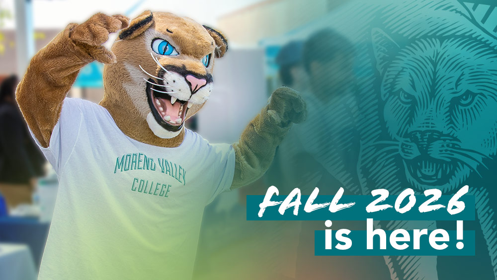 Monty the Mountain Lion mascot poses with raised paws beside 'Fall 2026 is here!' text and the MVC mascot logo