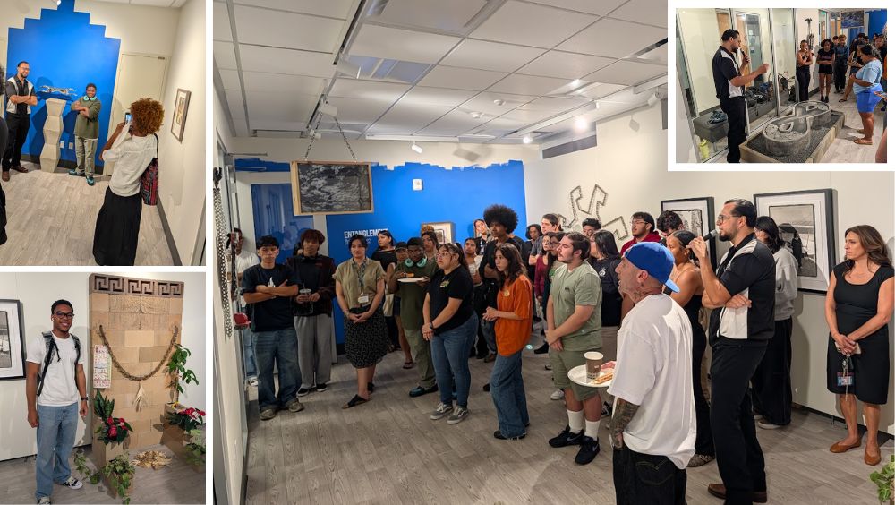 Collage of photos of students listening to artist Antonio Perez talk about the works in his solo exhibition