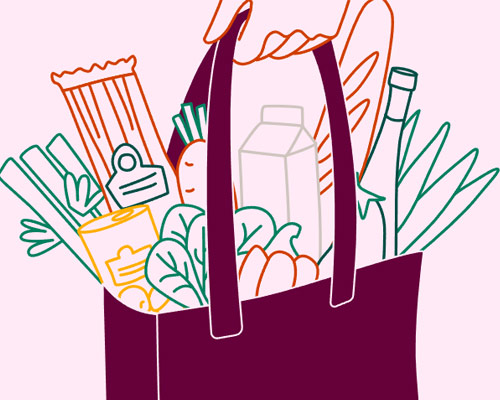 Illustration of a hand holding a grocery bag filled with fresh, health food