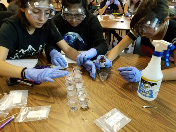 TRIO students conduct a science experiment while wearing gloves and lab goggles